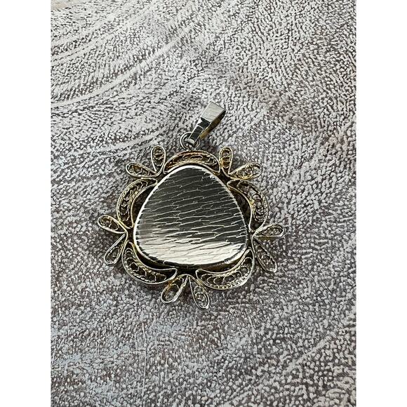 Vintage Spanish Damascus Gold Tone Pendant Bird Totem Filigree Triangle - Picture 2 of 4